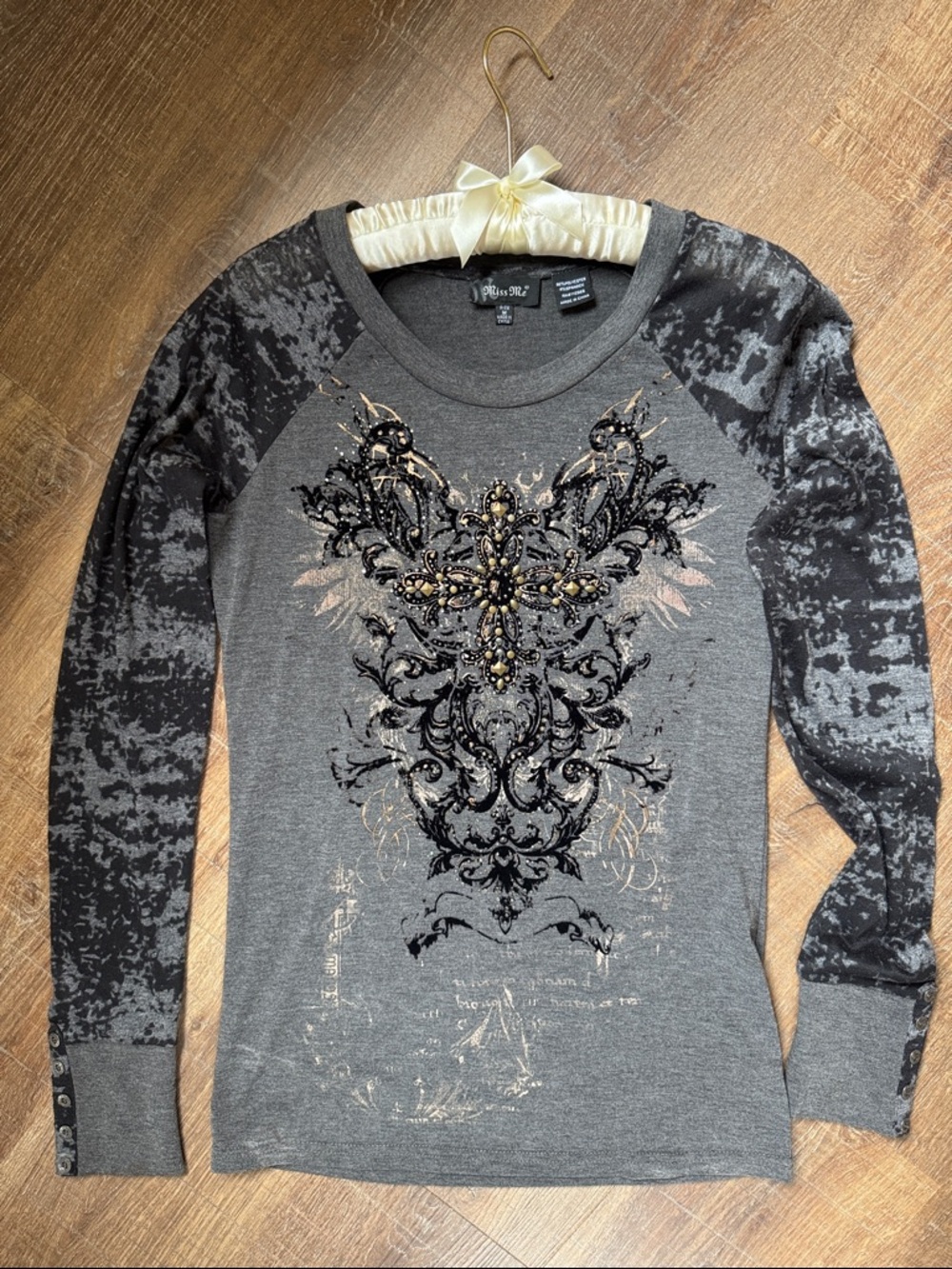 Miss Me Gray Long Sleeve Tee with Black & Gold Front Embellishment